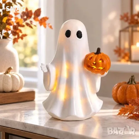 Halloween декоративен призрак с тиква и led светлина полирезин_1265848