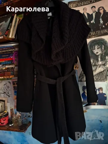 Зимно палто с голяма плетена яка и колан в черно Urban chic , размер M
