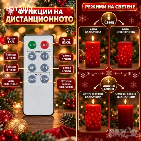 Комплект 3 LED коледни свещи , снимка 3 - Свещи и свещници (декоративни) - 56642828