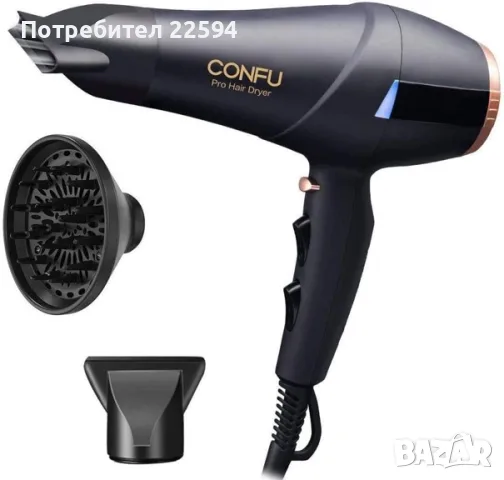 Професионален сешоар 2300W йонен AC мотор с дифузер и концентратор – Черен