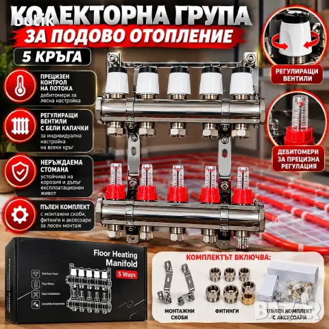 Колекторна група за подово отопление с 5 кръга от неръждаема стомана, дебитомери и фитинги