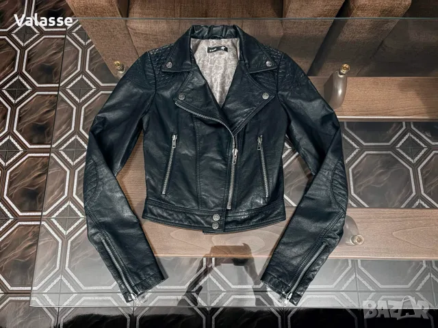 Естествена кожа Never Denim късо дамско байкър яке размер XXS/XS