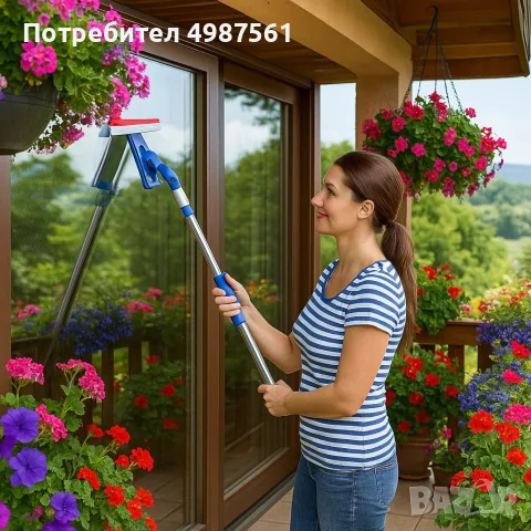 Моп за прозорци с телескопична дръжка - микрофибър и гумена чистачка