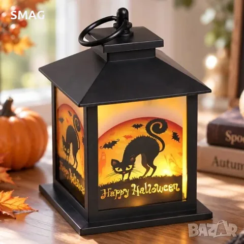 Halloween фенер черен с котка 12x12x21 см led осветление_1263400