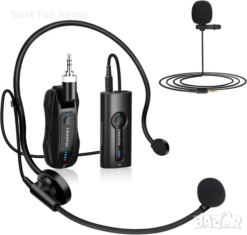 Безжичен микрофон KIMAFUN 2.4G – 2 в 1: тип „слушалки“ и микрофон за закачане (тип „брошка“)