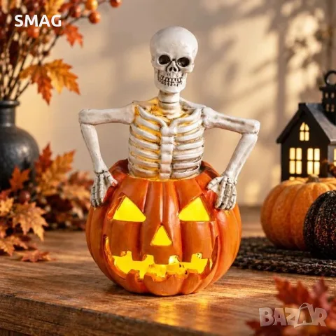 Halloween декоративен скелет в тиква с led светлина полирезин_1265850