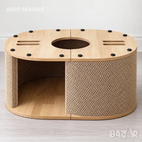 Картонена къща за котки 3 в 1 – уютно легло, скривалище и драскалка, 57 × 39,5 × 25 см