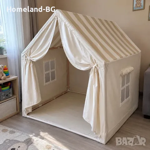 Детска палатка за игра във формата на къщичка, 2 прозореца със завеси, 130x120x100 см
