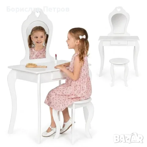 Комплект детска тоалетка с огледало и табуретка – бяла