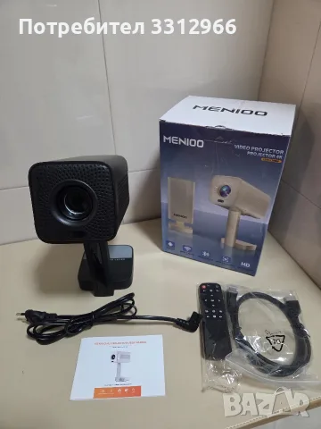 ЧИСТО НОВ Смарт видеопроектор MENIOO M3 4K (Android, Wi-Fi 6, 180° ротация) + Пълен комплект