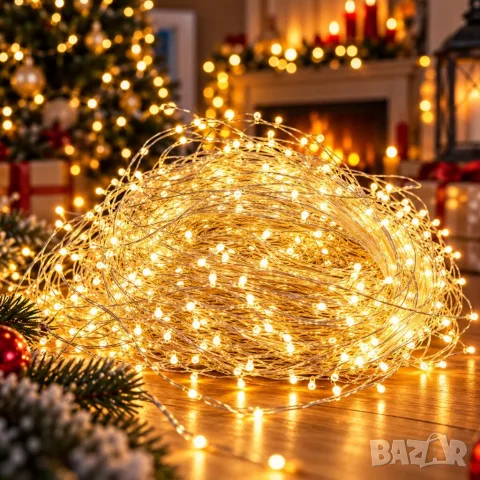 Коледни LED лампички на макара – 100 метра, 2500 LED, топла бяла светлина, 8 режима и дистанционно