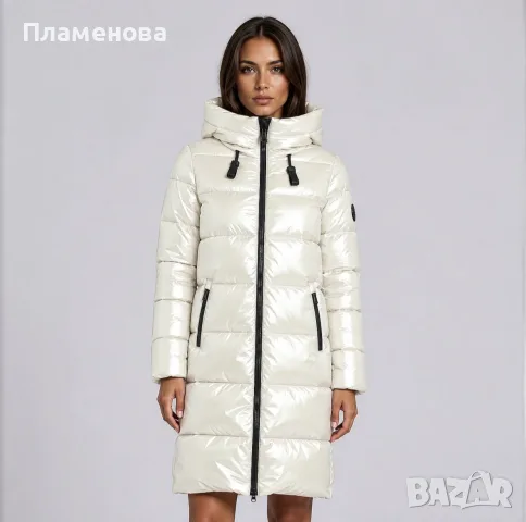 Перлено дълго дамско зимно яке с блясък, качулка и копчета в долната част, М 
