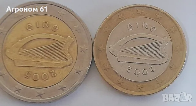 Две монети от 1 и 2 евро Ирландия 2002 и 2005