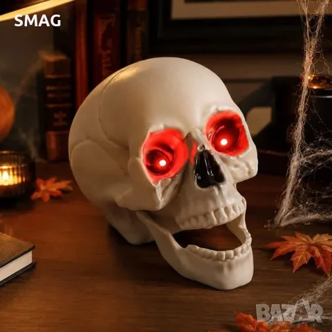 Декоративен череп с led светещи очи за halloween декорация_1265370