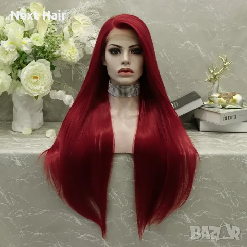 Дълга бордо перука 80 см - права тъмночервена синтетична перука Lace Front 13x4