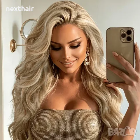 Луксозна плътна чуплива перука 75 см в руси нюанси и фини бели кичури LACE FRONT 13×4