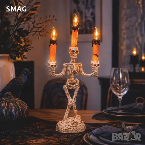 Декоративен троен halloween свещник скелет с led пламък 28cm_1266422