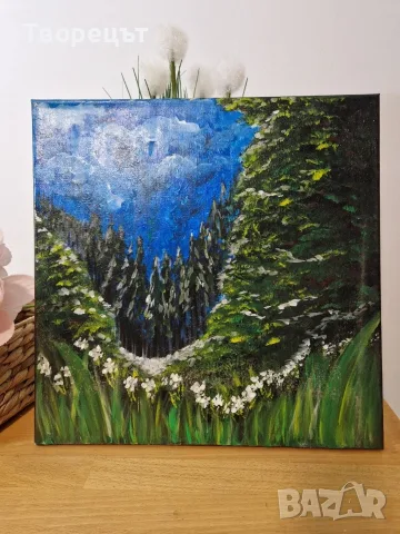 Ръчно рисувана картина с акрилни бои – Горски водопад, 40×40 см