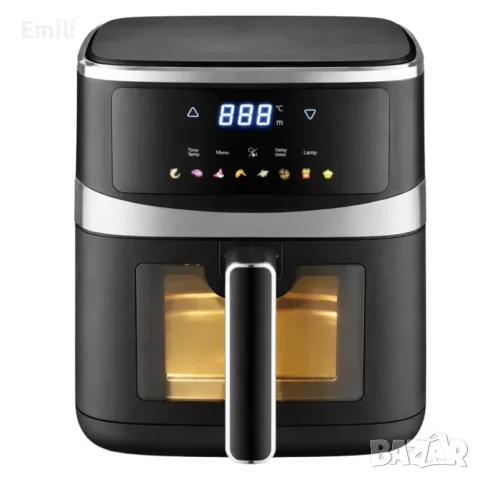 Фритюрник с горещ въздух 5L, 1500W, 8 програми, LCD дисплей, прозорец за наблюдение и вътрешно освет